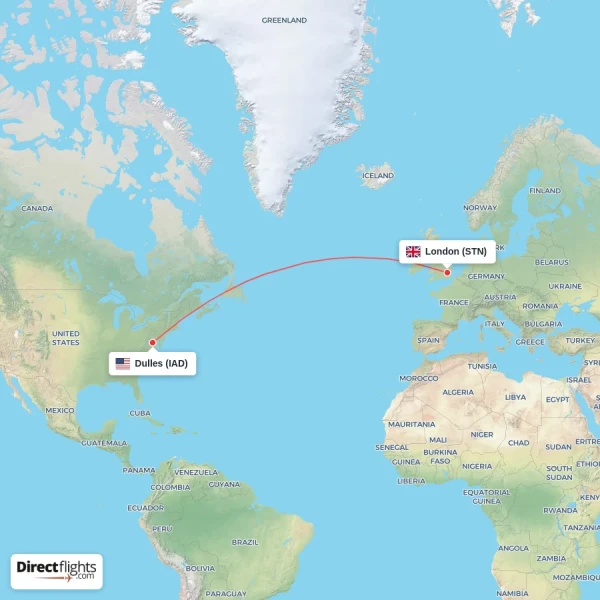 London - Dulles direct flight map