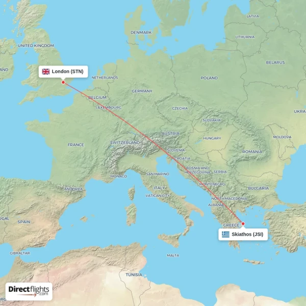 London - Skiathos direct flight map