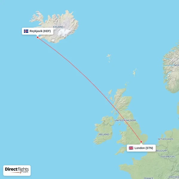 London - Reykjavik direct flight map
