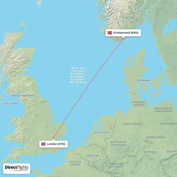 London - Kristiansand direct flight map