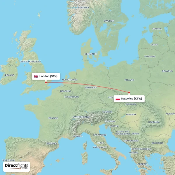 London - Katowice direct flight map