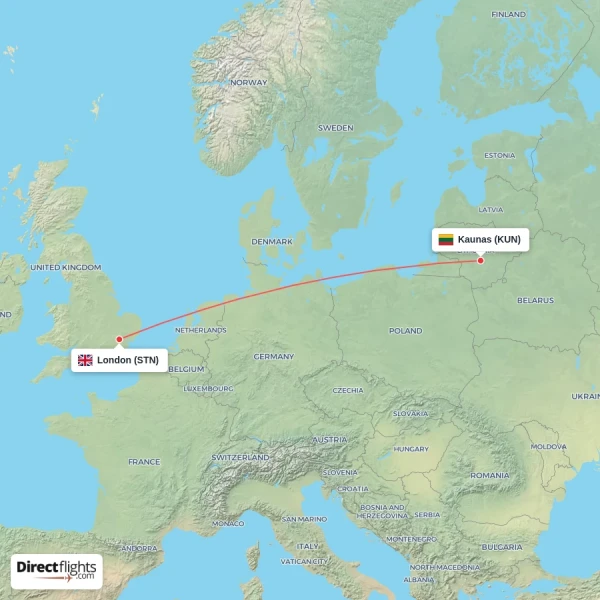 London - Kaunas direct flight map