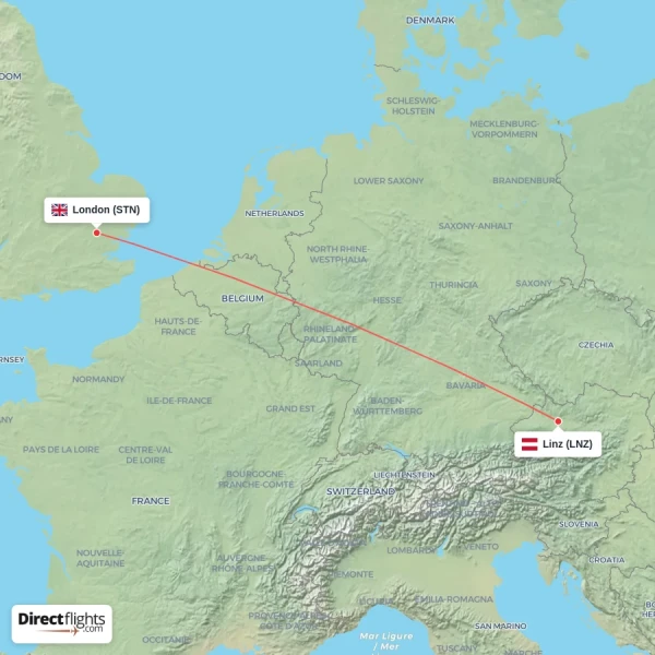 London - Linz direct flight map