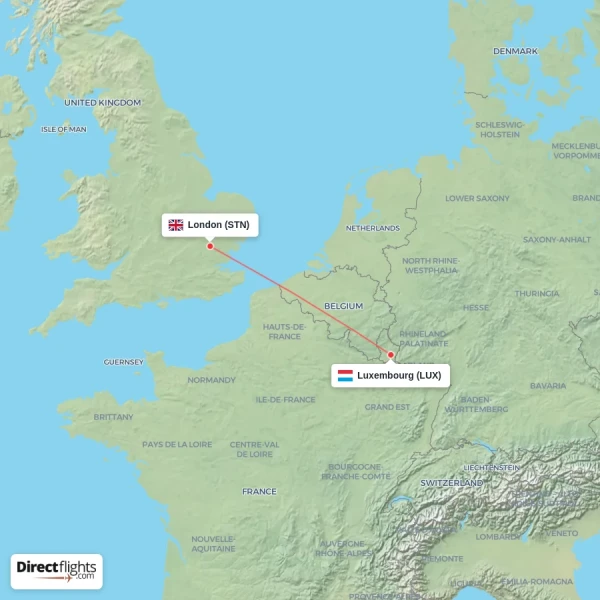 London - Luxembourg direct flight map