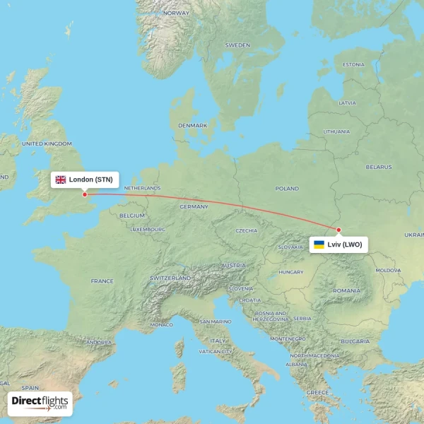 London - Lviv direct flight map