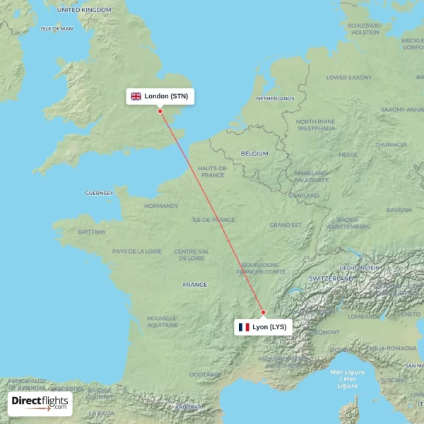 London - Lyon direct flight map
