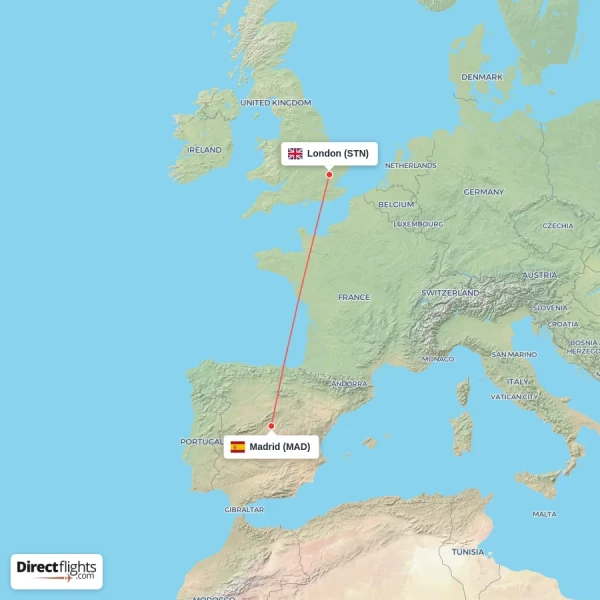 London - Madrid direct flight map