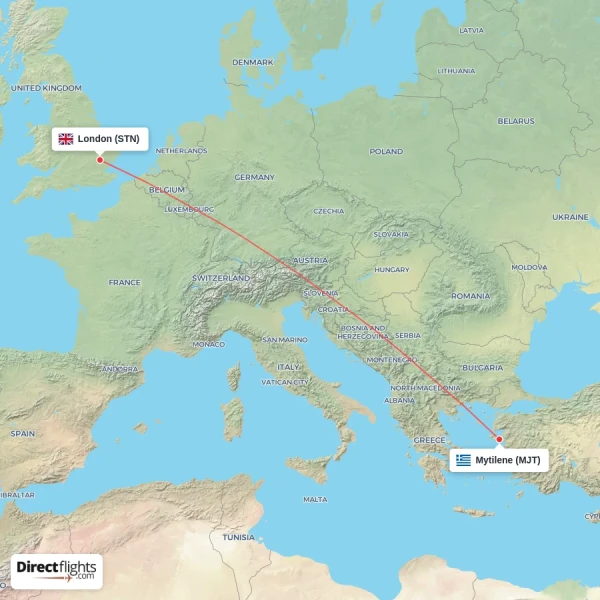 London - Mytilene direct flight map