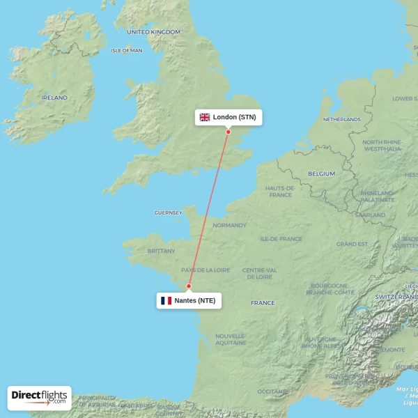 London - Nantes direct flight map