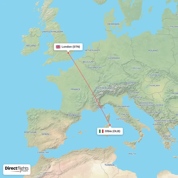 London - Olbia direct flight map
