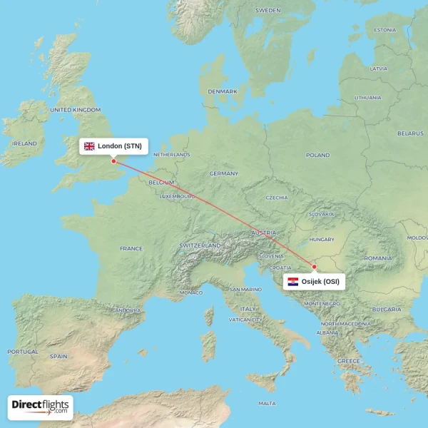 London - Osijek direct flight map