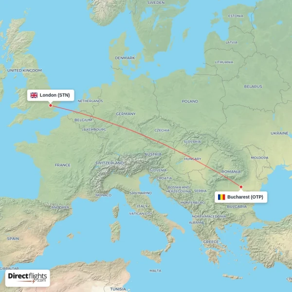 London - Bucharest direct flight map