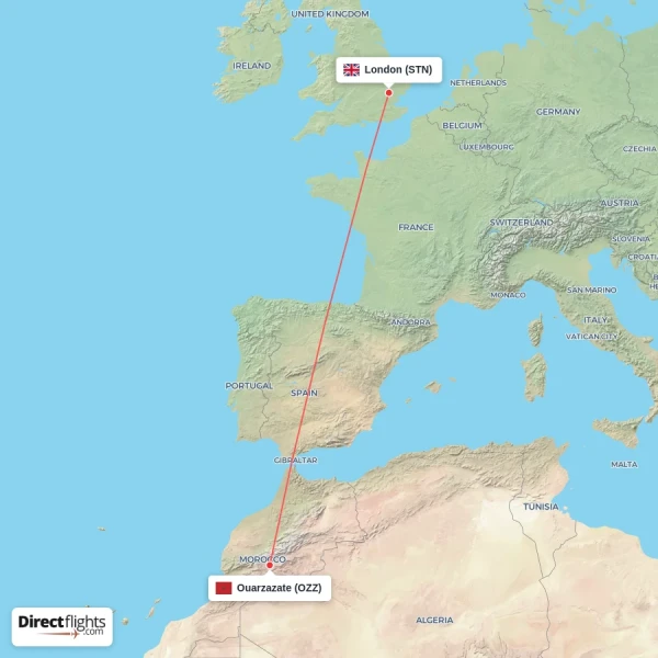 London - Ouarzazate direct flight map