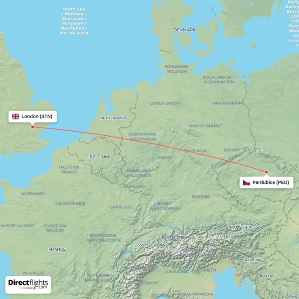London - Pardubice direct flight map