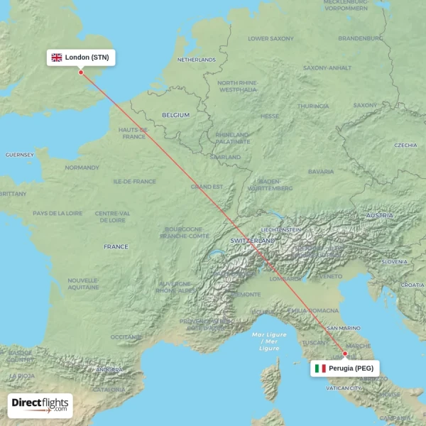 London - Perugia direct flight map