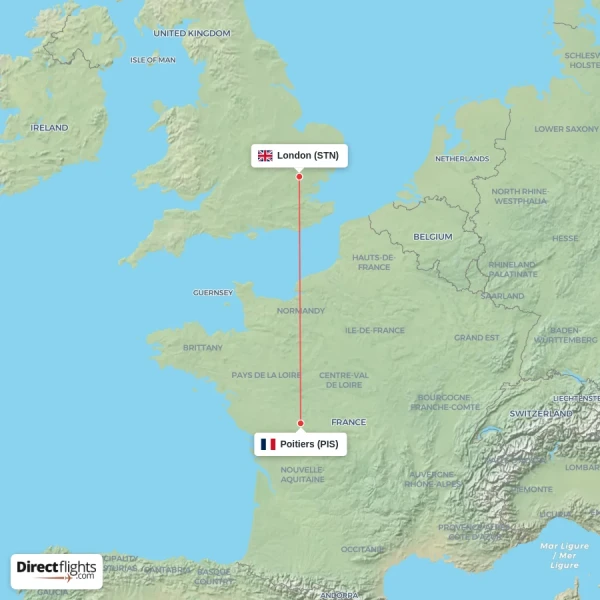 London - Poitiers direct flight map
