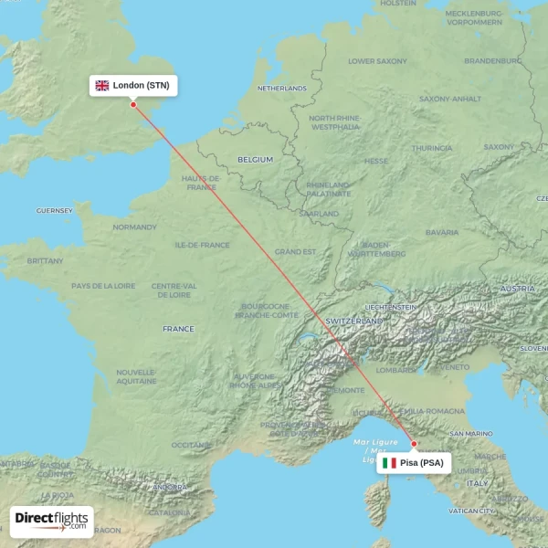 London - Pisa direct flight map
