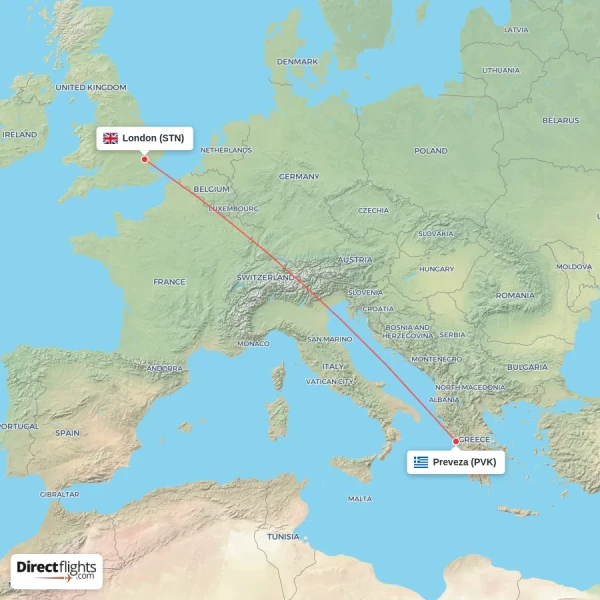 London - Preveza direct flight map