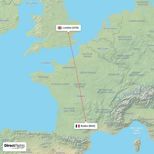 London - Rodez direct flight map