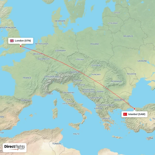 London - Istanbul direct flight map