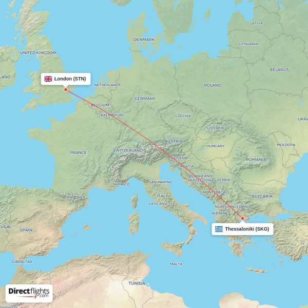 London - Thessaloniki direct flight map