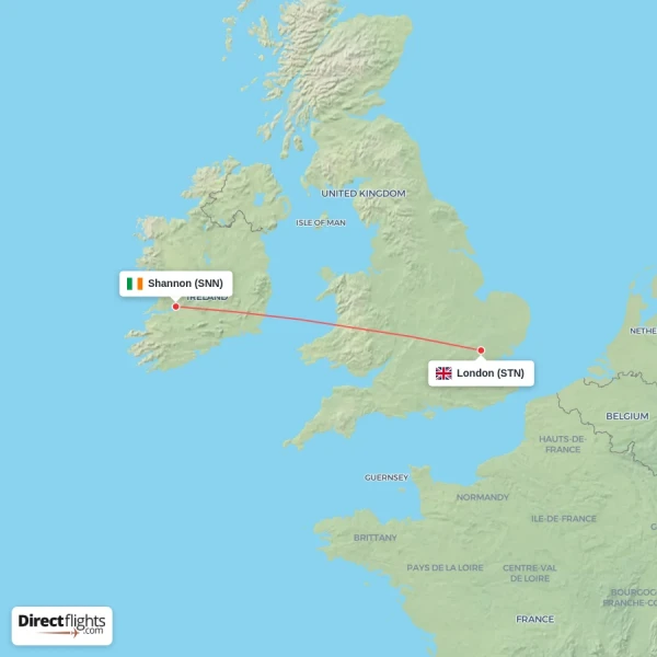 London - Shannon direct flight map