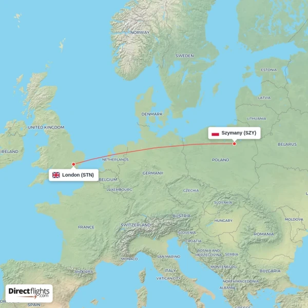 London - Szymany direct flight map