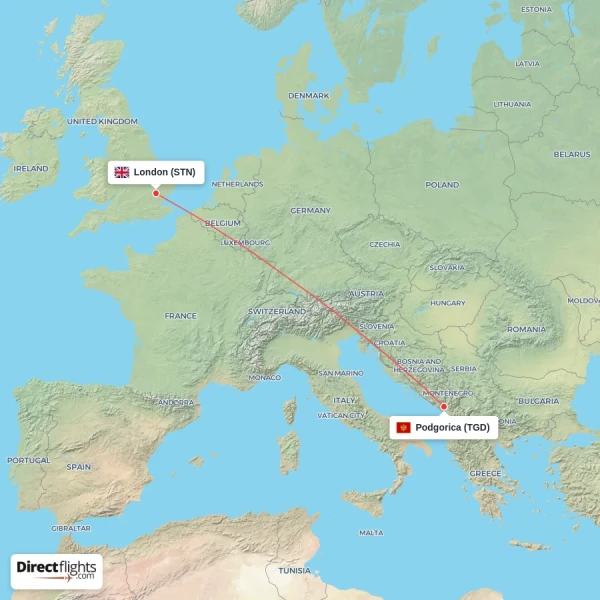 London - Podgorica direct flight map