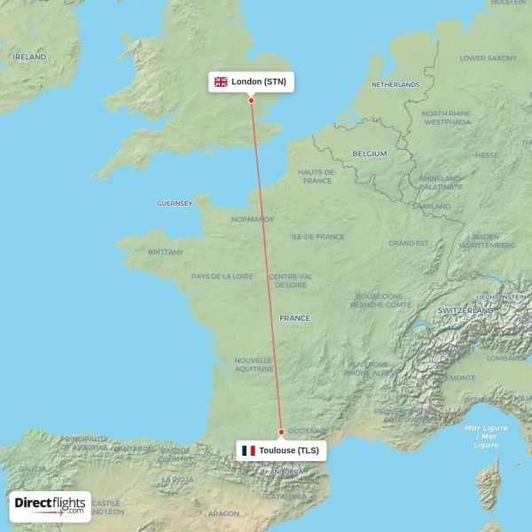 London - Toulouse direct flight map