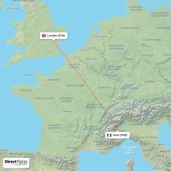 London - Turin direct flight map