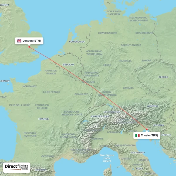 London - Trieste direct flight map