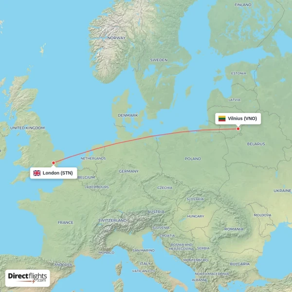 London - Vilnius direct flight map