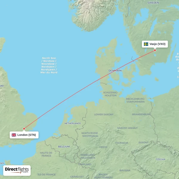London - Vaxjo direct flight map