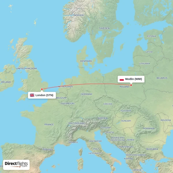 London - Modlin direct flight map