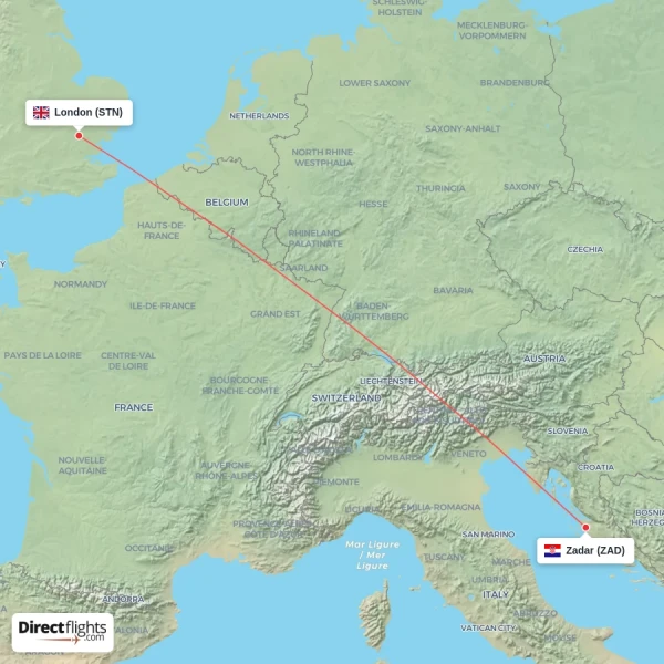 London - Zadar direct flight map