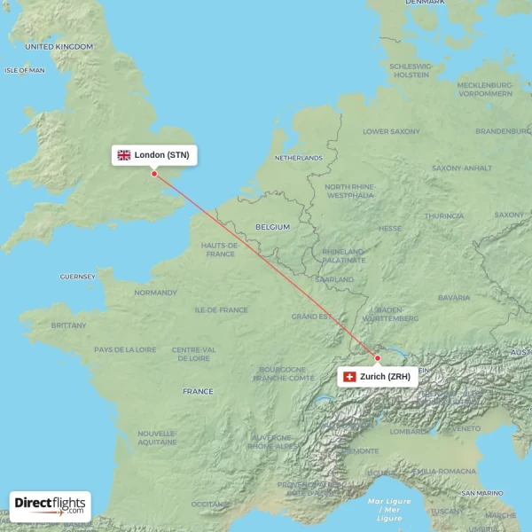 London - Zurich direct flight map