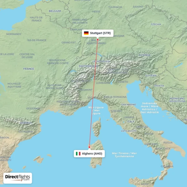 Stuttgart - Alghero direct flight map