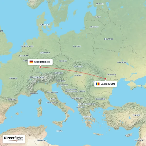 Stuttgart - Bacau direct flight map