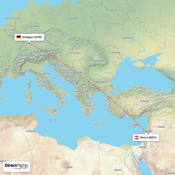 Stuttgart - Beirut direct flight map