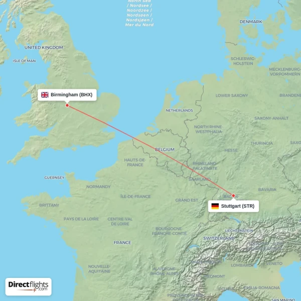 Stuttgart - Birmingham direct flight map