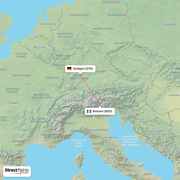 Stuttgart - Bolzano direct flight map