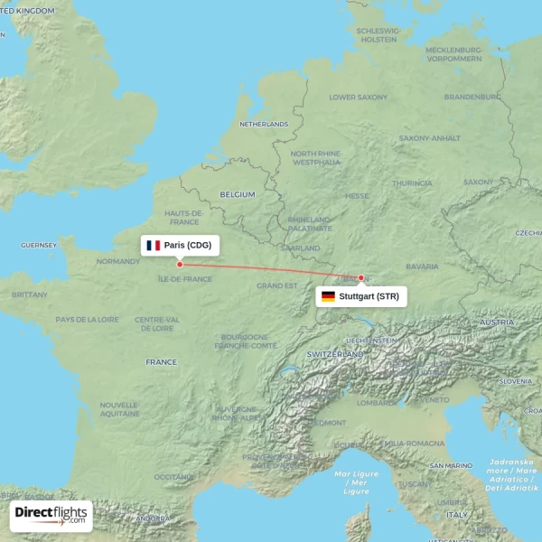 Stuttgart - Paris direct flight map
