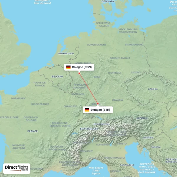 Stuttgart - Cologne direct flight map