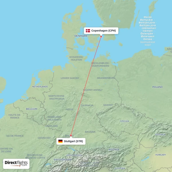 Stuttgart - Copenhagen direct flight map