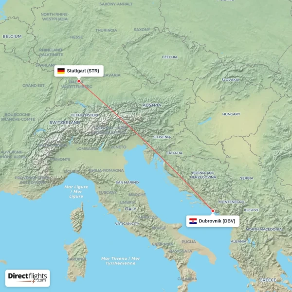 Stuttgart - Dubrovnik direct flight map