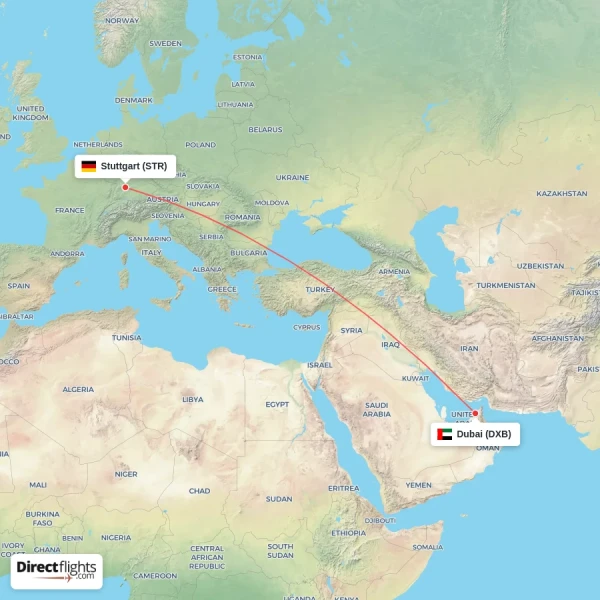 Stuttgart - Dubai direct flight map