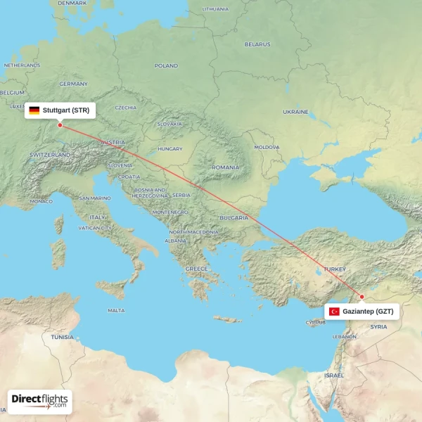 Stuttgart - Gaziantep direct flight map