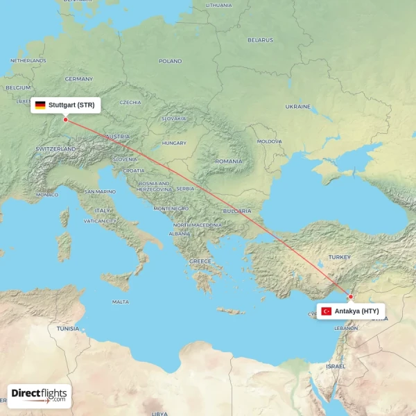 Stuttgart - Antakya direct flight map