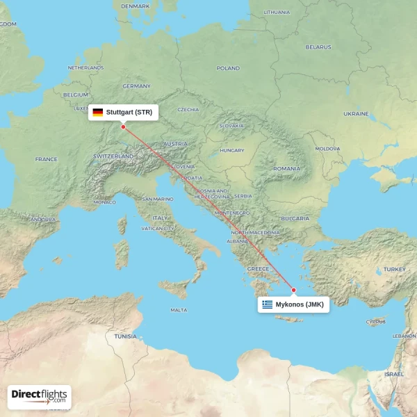Stuttgart - Mykonos direct flight map