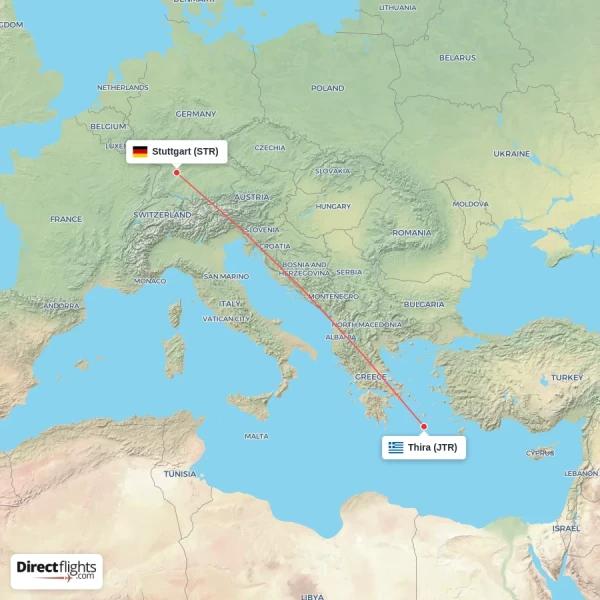 Stuttgart - Thira direct flight map